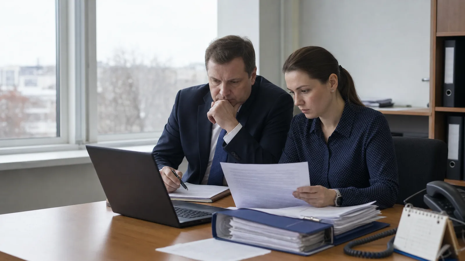 Юрист и специалист тендерного отдела проверяют документы по закупке и сведения на ноутбуке
