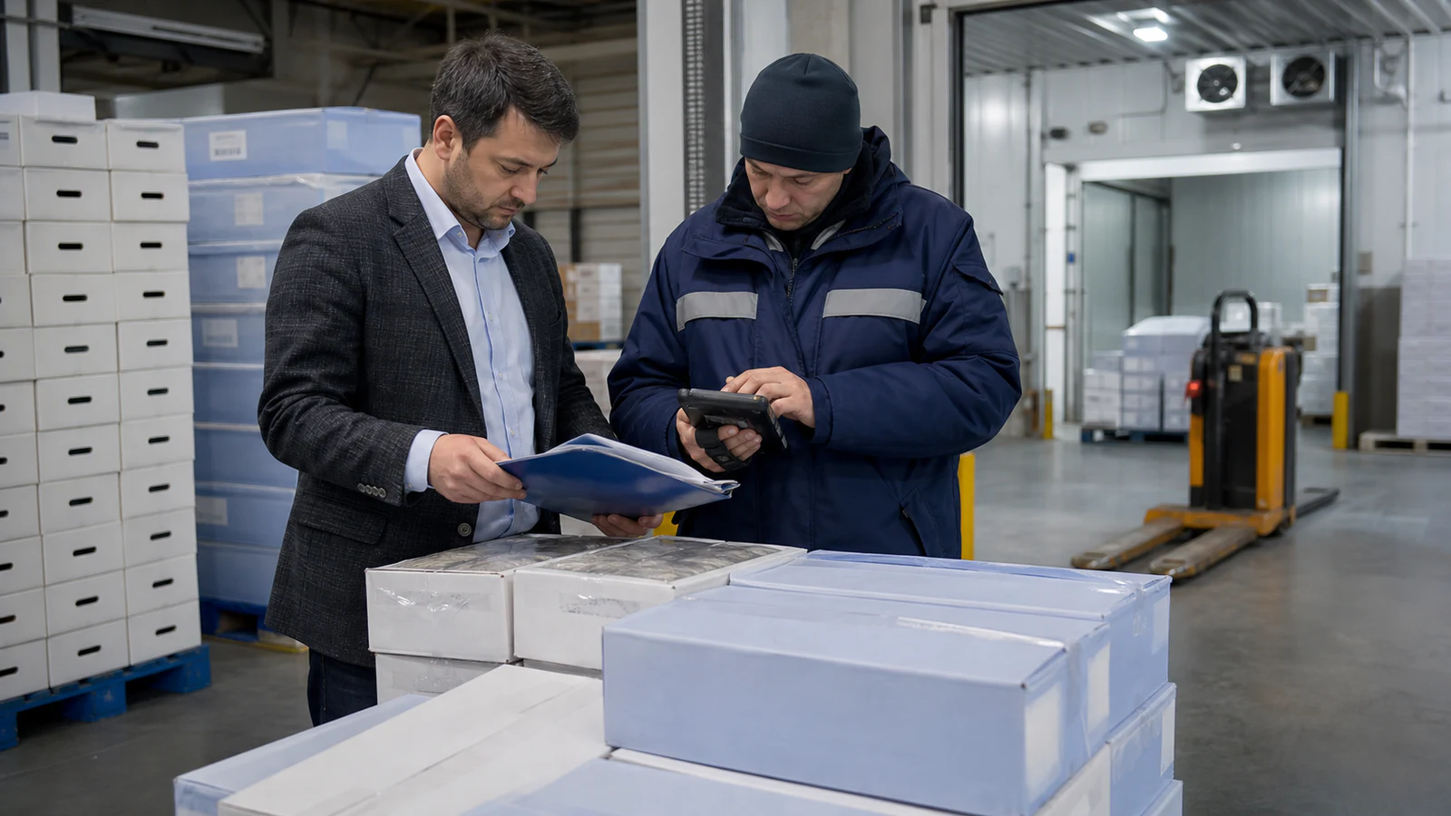 Специалист по закупкам и сотрудник приёмки проверяют партию рыбной продукции в холодильном распределительном центре