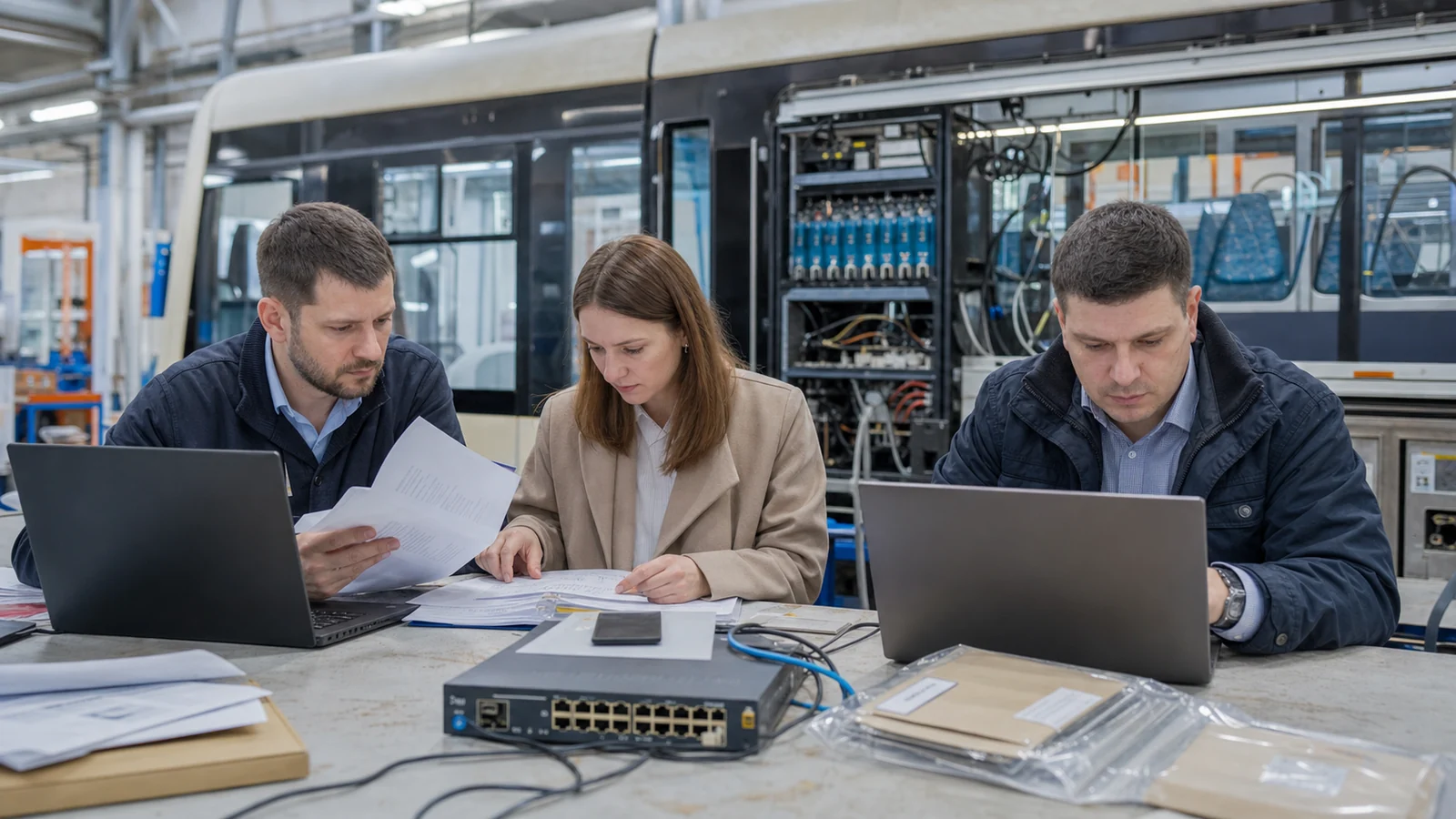 Специалисты проверяют тендерные документы и сетевое оборудование в ремонтном депо городского транспорта