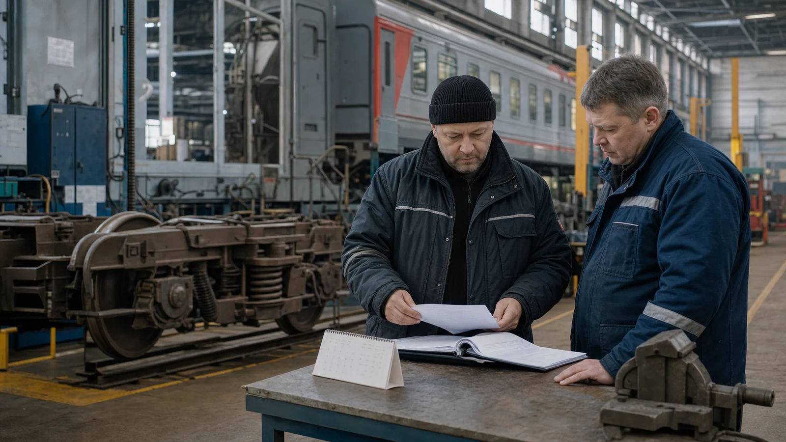 Подрядчик и инженер проверяют договор в цехе ремонта пассажирских вагонов